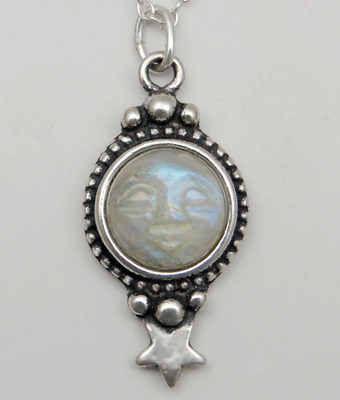 Sterling Silver Unusual Carved Rainbow Moonstone Moonface Pendant Necklace